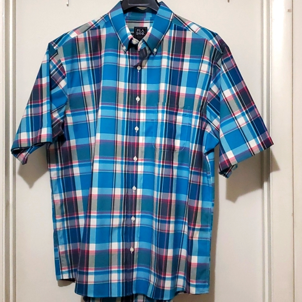Jos A Bank Men Travelers 100%Cotton Short Sleeve Button Down Blue Plaid Shirt XL